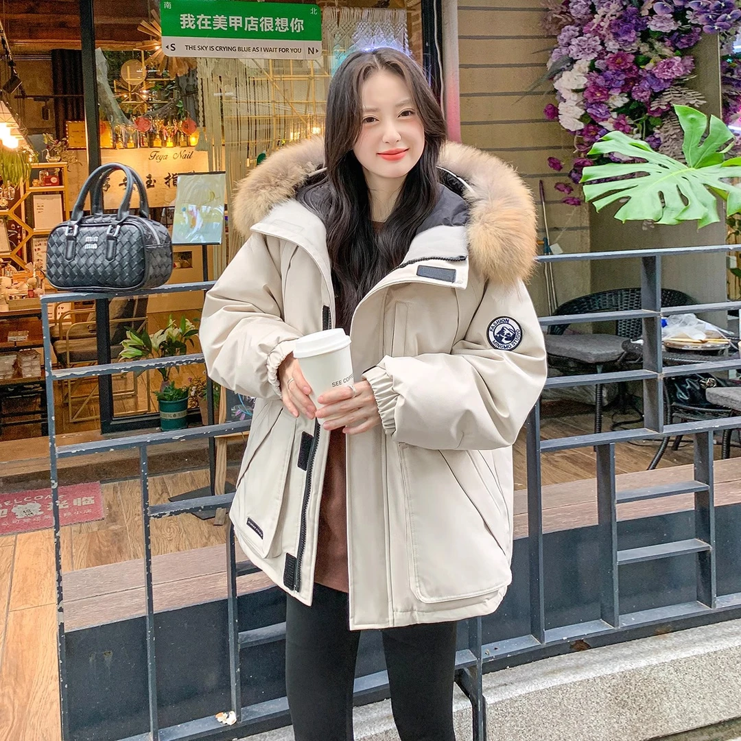 派克工装90白鸭绒大毛领羽绒服女短款冬季2024新款小个子加厚宽松