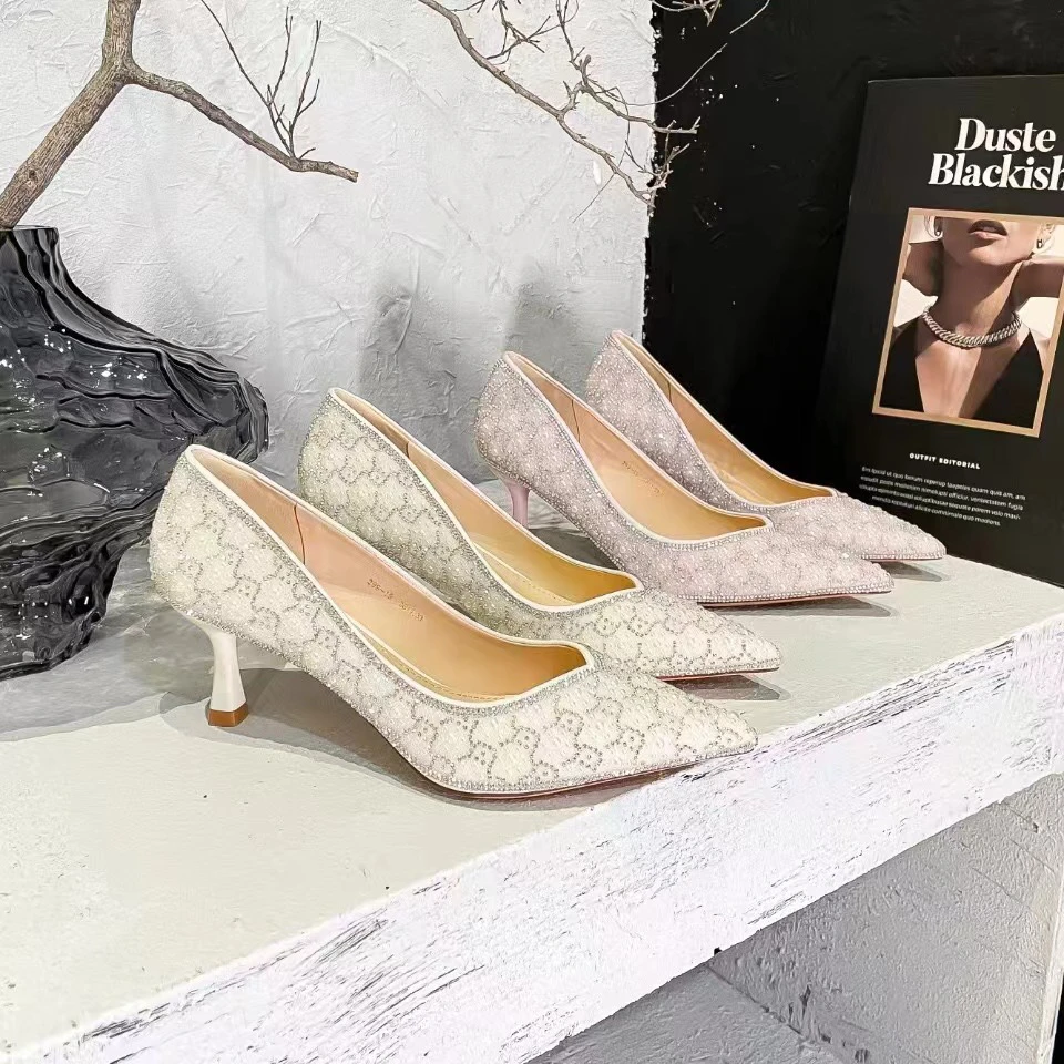 399-19 新款法式气质名媛尖头浅口水钻单鞋