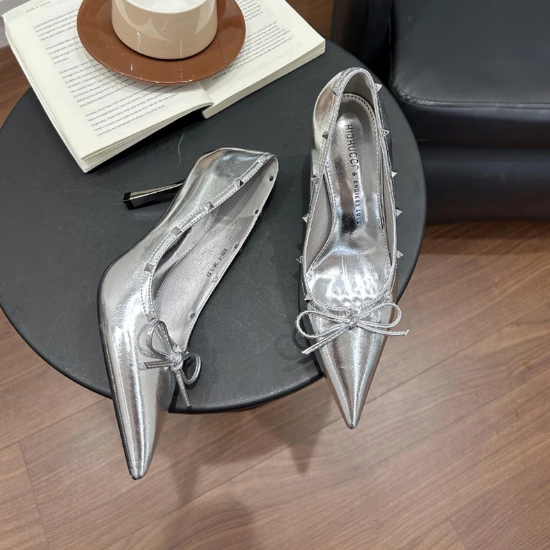 银色高跟鞋女2024秋新款蝴蝶结尖头细跟单鞋气质名媛风528-1