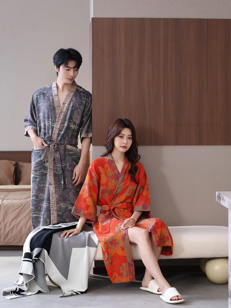 【高端定制浴袍睡袍】全棉色织双层纱布可盐可甜透气时尚舒适睡浴袍