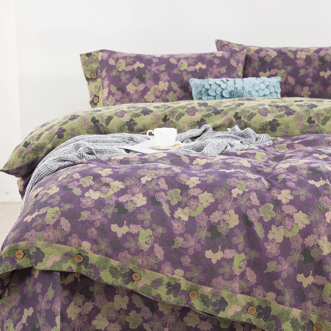 【花影紫色被罩四件套】轻奢款纯棉双层纱A类母婴级四件套