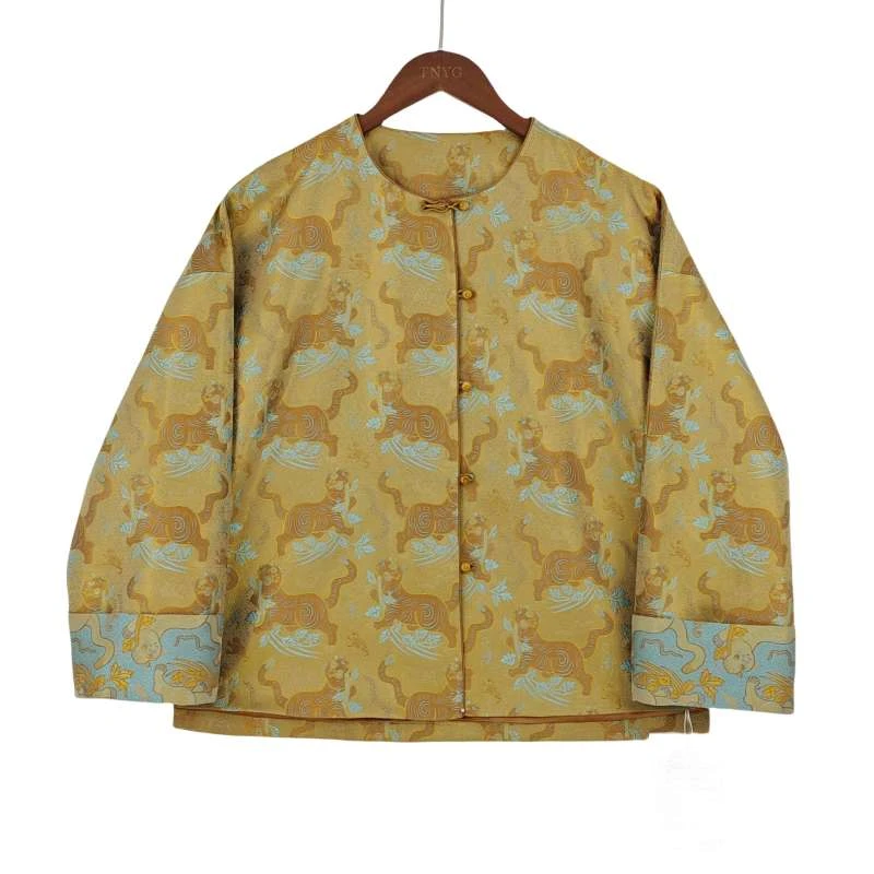 【润西】中国风桑蚕丝外套时尚气质新中式直襟圆领长袖上衣 2316070