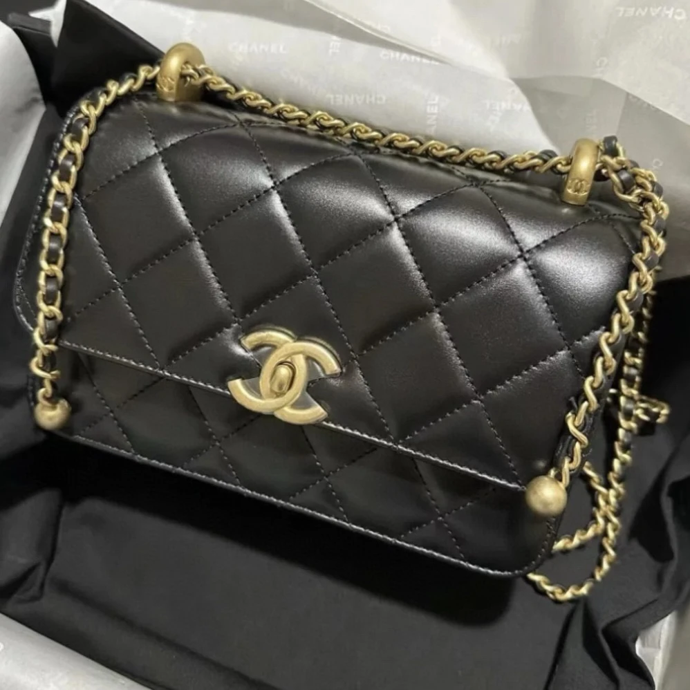 全新未使用 Chanel/香奈儿 24c 双金珠中号22cm 黑金配色