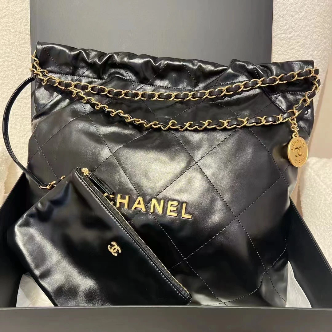 全新未使用 Chanel/香奈儿 22bag黑金中号垃圾袋 购物袋菱格经典