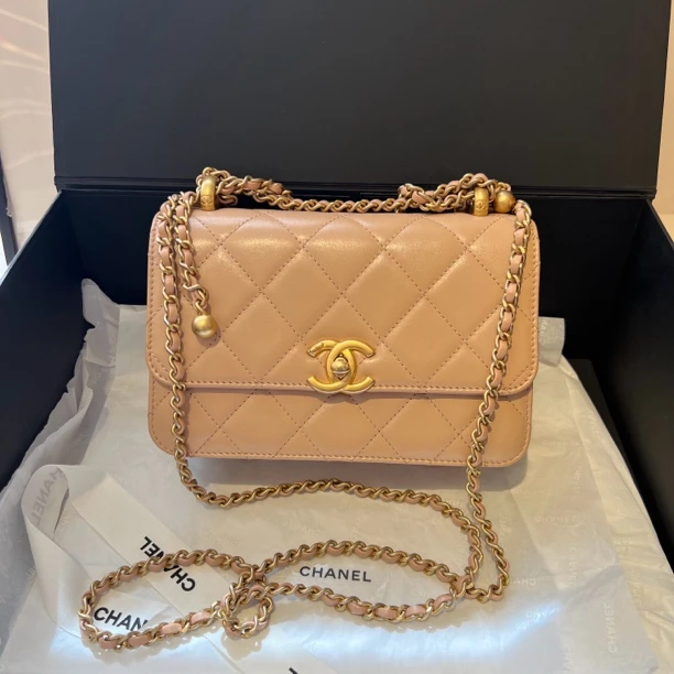99新 Chanel/香奈儿 奶茶色菱格纹双金珠口盖包