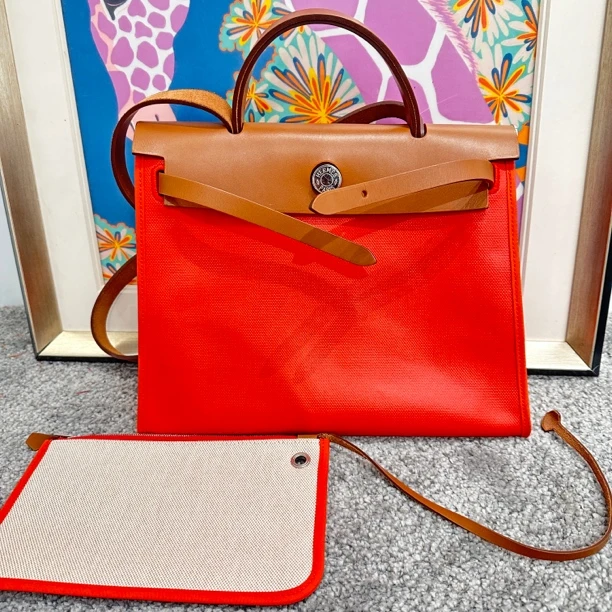 95新  爱马仕/拼色herbag 帆布涂层