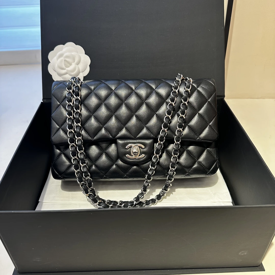 99新 Chanel/香奈儿 黑色银扣羊皮31开经典cf口盖包链条包