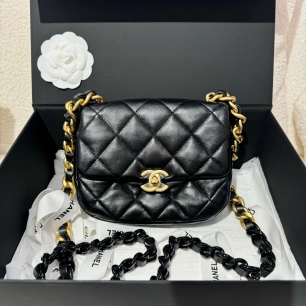 全新未使用 Chanel/香奈儿 黑金粗链条方胖子包 18cm芯片款