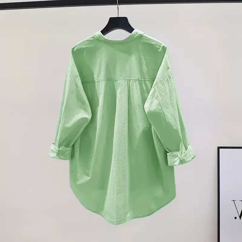 清仓捡漏~专柜撤回外贸小清新果绿色纯棉单口袋宽松长袖开衫衬衫