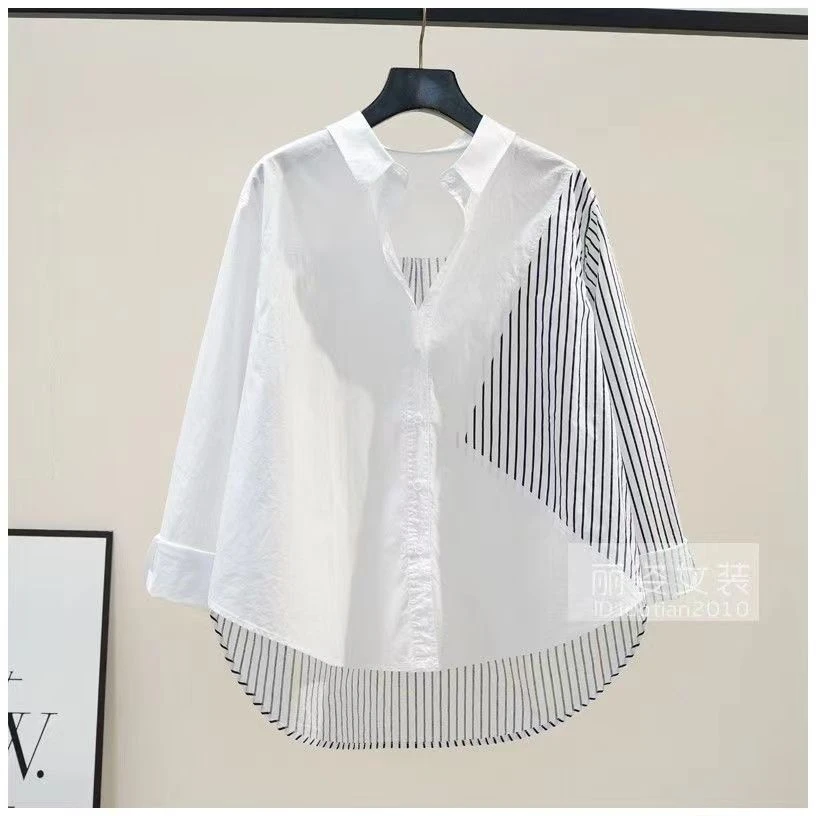 清仓捡漏~专柜撤回外贸余单秋季设计感白色拼接条纹衬衫女棉上衣
