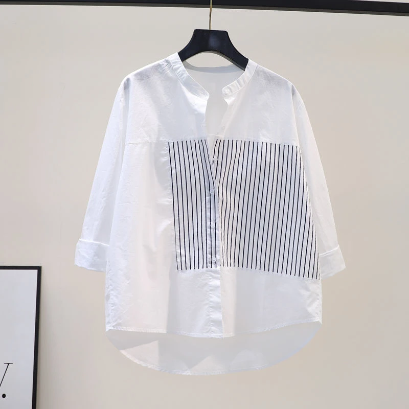 清仓捡漏~专柜撤回外贸条纹拼接白色纯棉文艺圆领宽松百搭上衣女