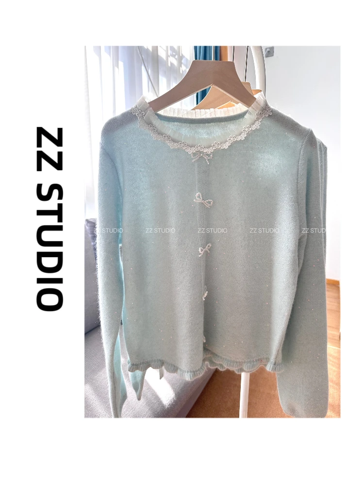 【ZZ STUDIO】浣熊绒亮片蕾丝拼接长袖毛衣毛衫针织衫