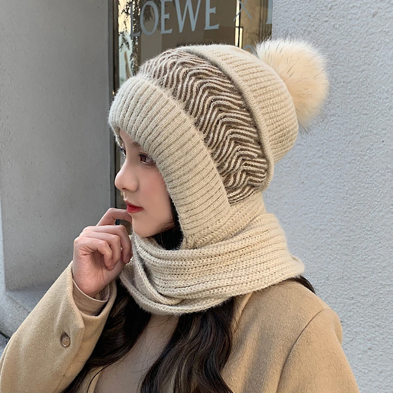 帽子女冬天韩版时尚毛线帽冬季百搭保暖加厚护耳针织帽子围巾一体