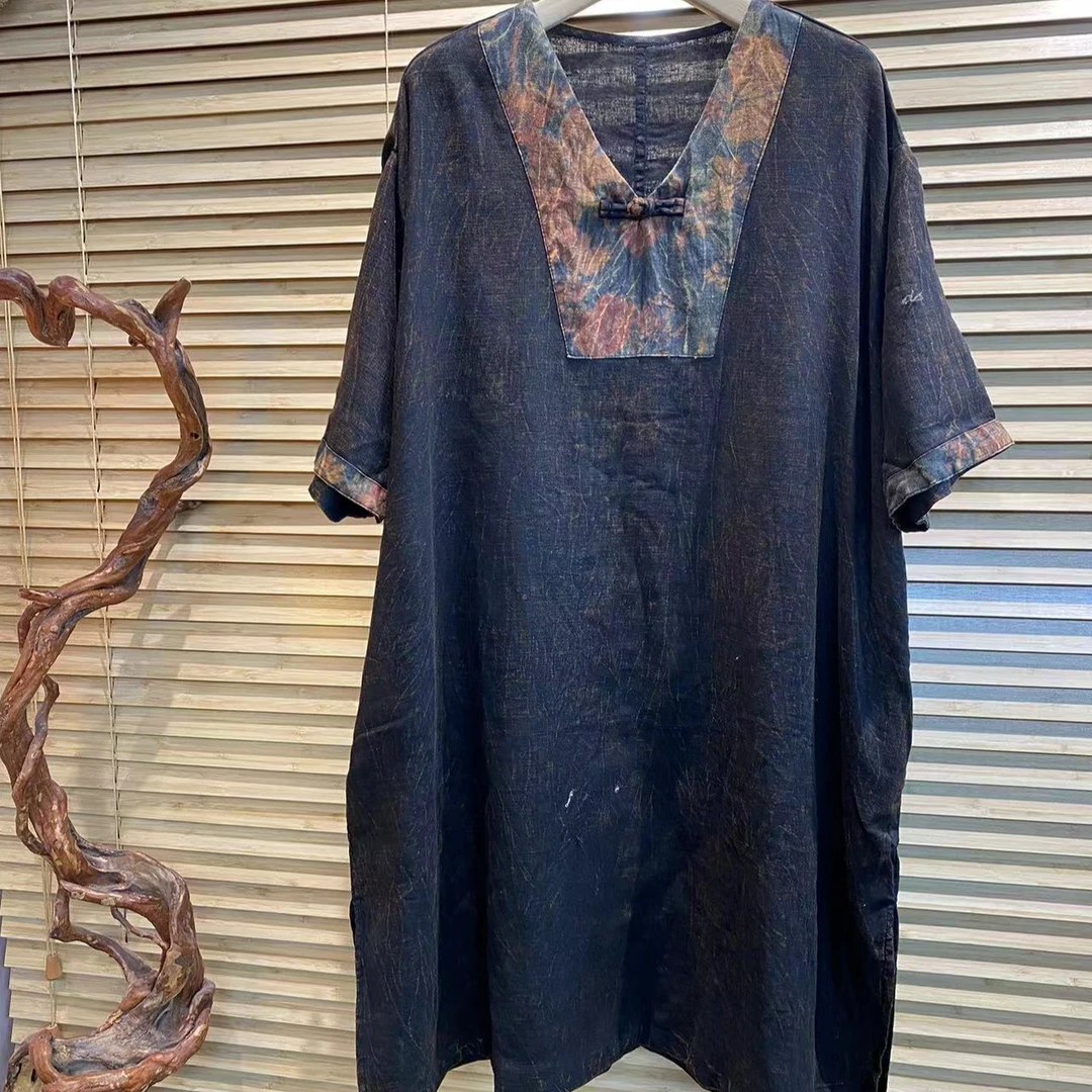 亚麻夏季炒色做旧v领拼色宽松连衣裙【长90胸围140】