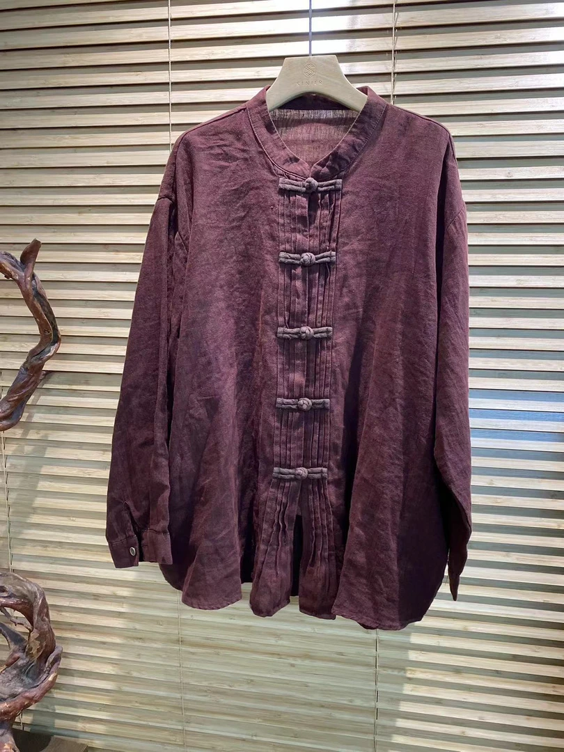 秋冬百搭复古立领风琴折盘扣宽松做旧衬衫【长70胸围133】