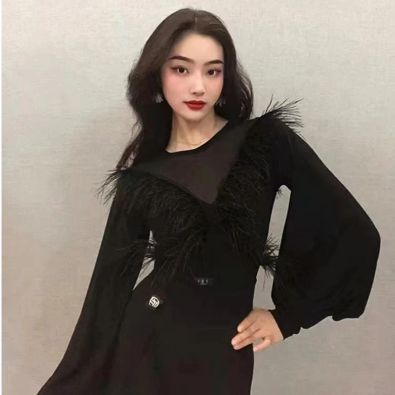 YHA舞服秋冬摩登舞长袖鸵鸟毛练习服表演服专业国标舞服拉丁舞服