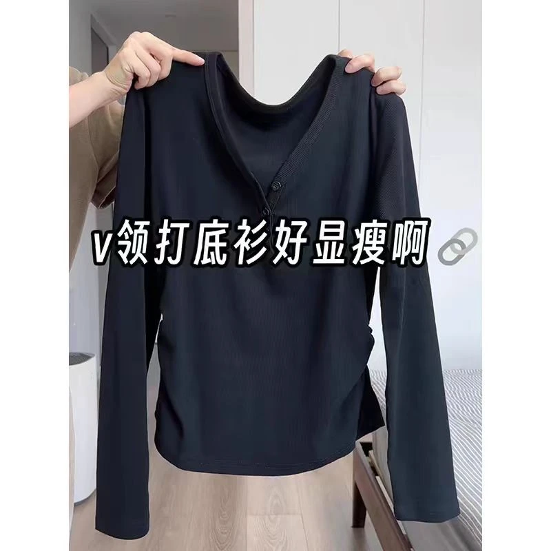 【8157】大码黑色V领打底衫正肩长袖T恤女秋冬设计感收腰显瘦上衣