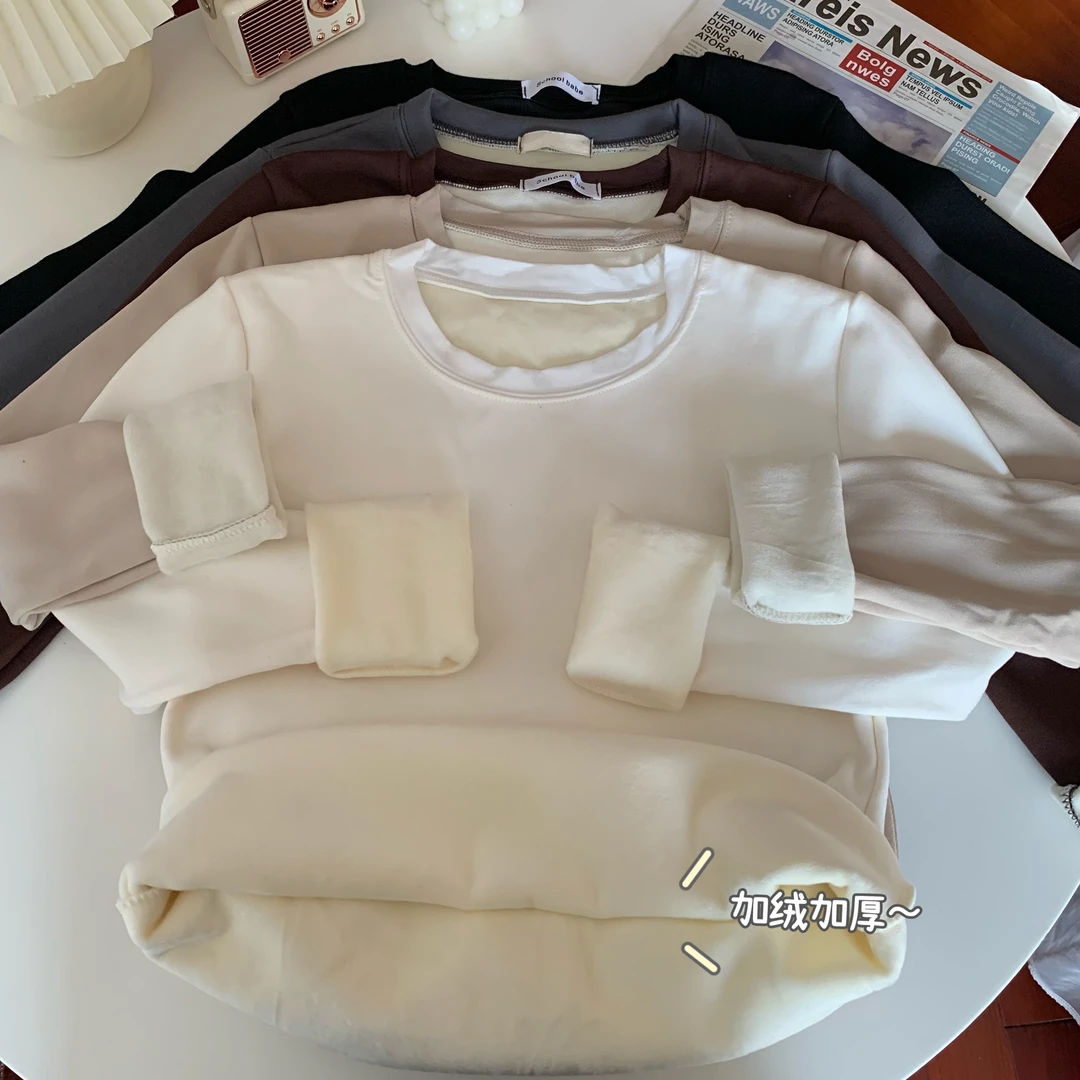 【1941】胖mm2024冬季新款加绒加厚圆领t恤内搭显瘦保暖长袖上衣