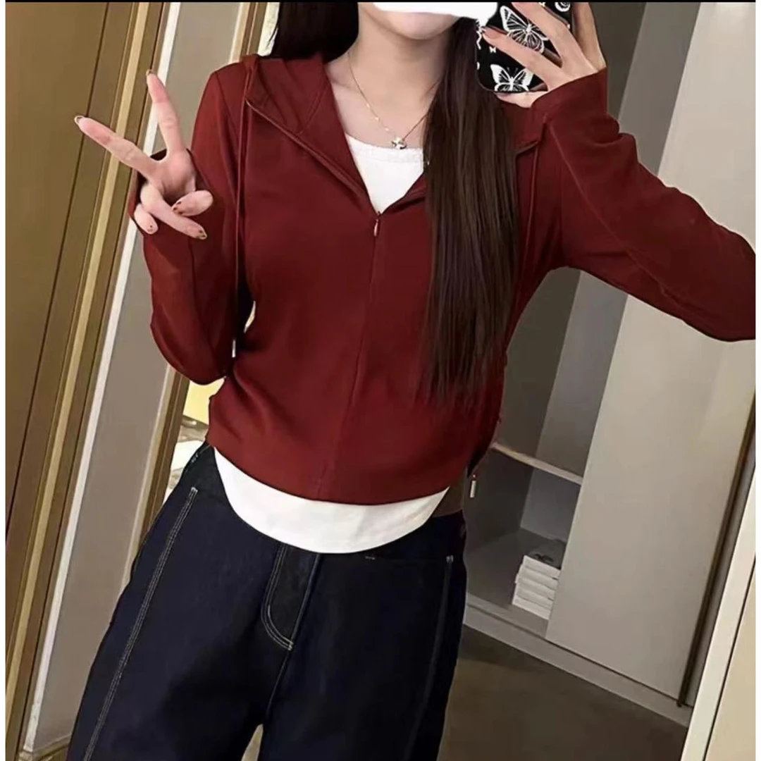 【8078】假两件连帽长袖T恤女秋季大码胖mm显瘦不规则上衣打底衫女