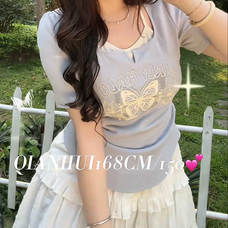 现货【0128】辣妹假两件印花短袖T恤女2024夏装新款小众独特别致上