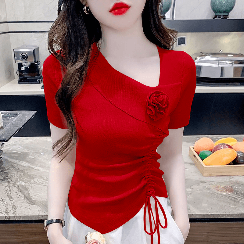 抽绳设计立体花朵短袖恤2024夏新款女装不规则褶皱修身短款上衣