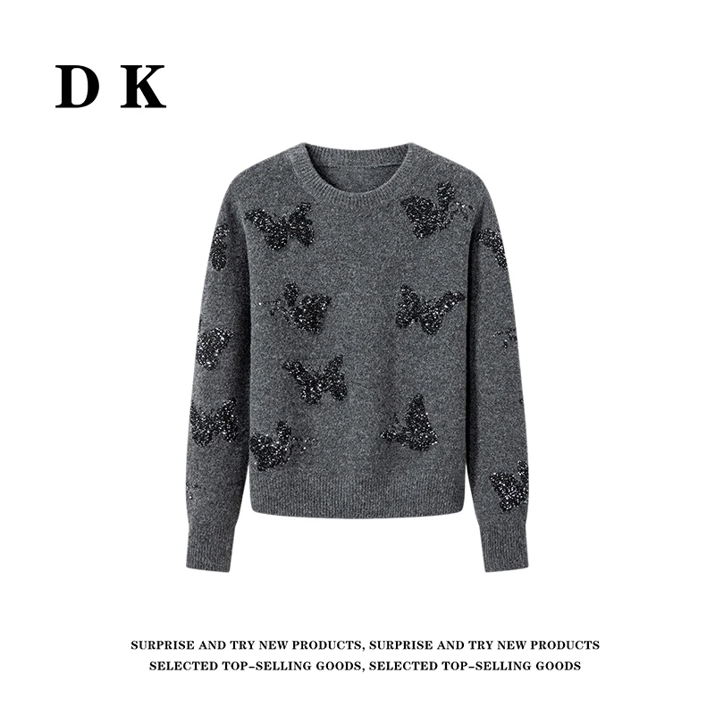 【DK 】 重工亮片蝴蝶绵羊毛宽松毛衣毛针织衫D401024190