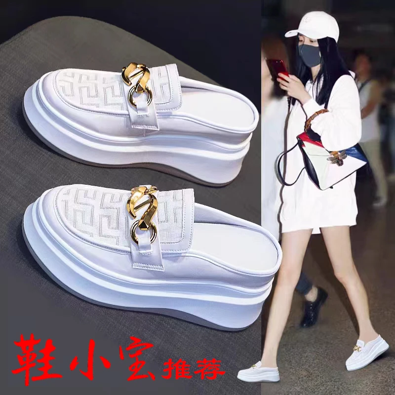 包头半拖鞋女2023夏季新款真皮松糕厚底内增高女鞋时尚外穿凉拖鞋