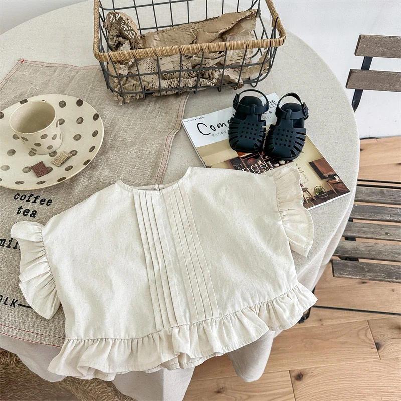 2024童装夏季新品 女童夏装韩版水洗棉泡泡袖短袖衬衫衬衣