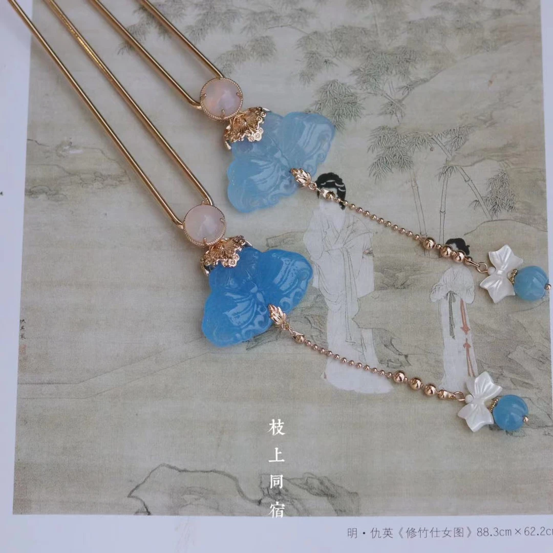 蓝蝴蝶日常百搭简约复古国风手工蝴蝶结流苏发钗一支