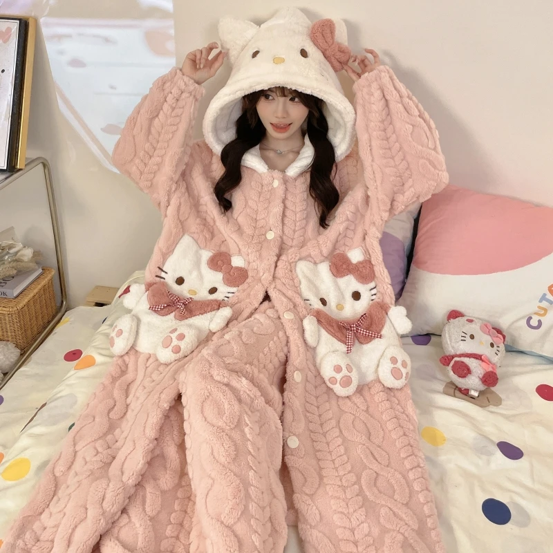 珊瑚绒睡袍女冬季新款加厚加绒外穿家居服睡衣保暖长款两件套