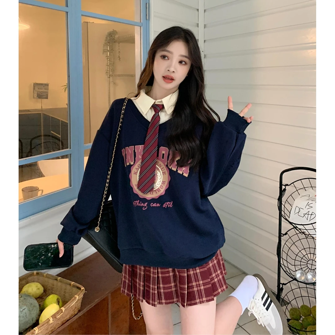 胖mm2024年秋大码新款韩式学院风假两件气质卫衣宽松设计甜酷上衣