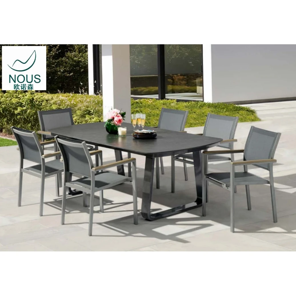 欧诺森户外黑色岩板固定台+特斯林小餐椅7件套时尚耐用舒适经典