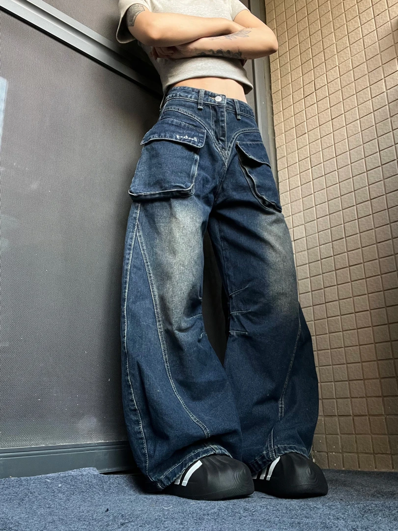 15GET 美式小众复古蓝大口袋拼接弯刀裤慵懒宽松阔腿牛仔裤长裤