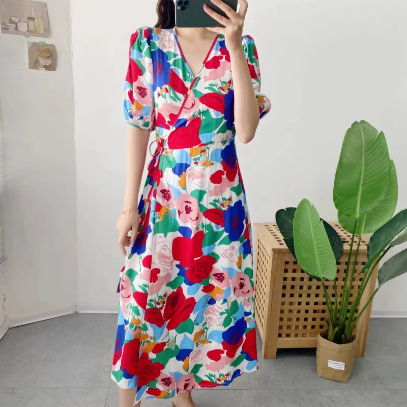 棉绸碎花短袖裙波西米亚沙滩裙连衣裙夏人棉海边渡假裙绵绸裙子女