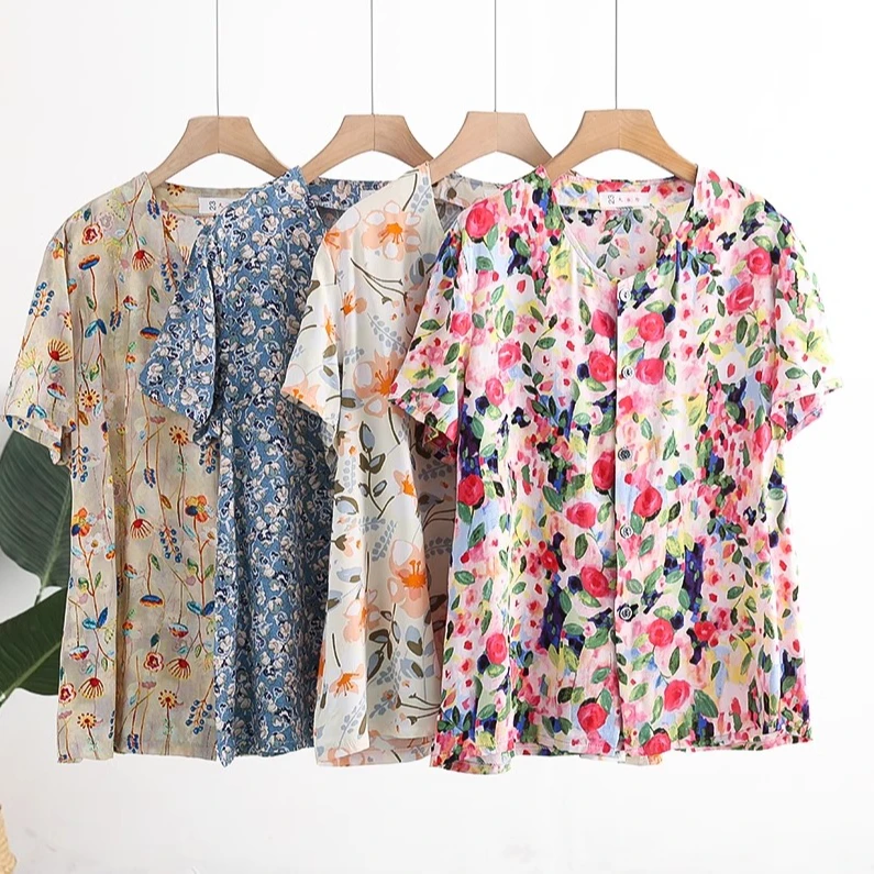 中老年女装人造棉碎花上衣薄款夏季短袖棉绸舒适开衫大码妈妈装