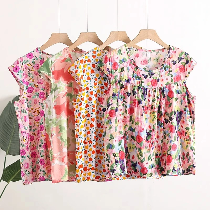 中老年人造棉T恤女夏季宽松短袖棉绸圆领上衣妈妈装家居小衫睡衣