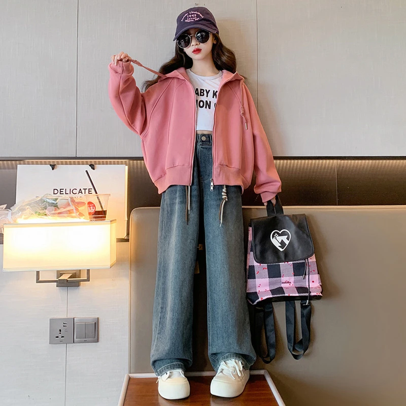 PHGB女童春装套装2024新款洋气女大童外套春秋款儿童牛仔阔腿裤两