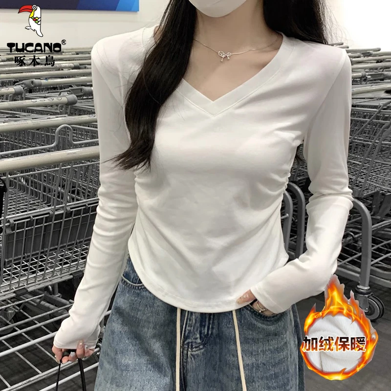 啄木鸟秋冬保暖德绒打底衫修身显瘦长袖女T恤加绒加厚上衣可外穿