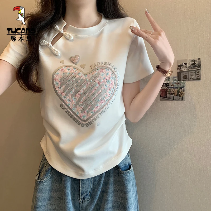 啄木鸟夏季女装重工新中式盘扣t恤女短袖时尚洋气T恤女设计感小衫