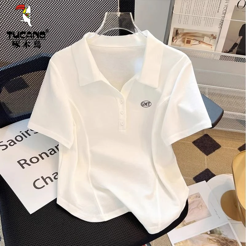 啄木鸟夏季女装翻领Polo衫女宽松显瘦大码正肩短袖t恤女休闲百搭