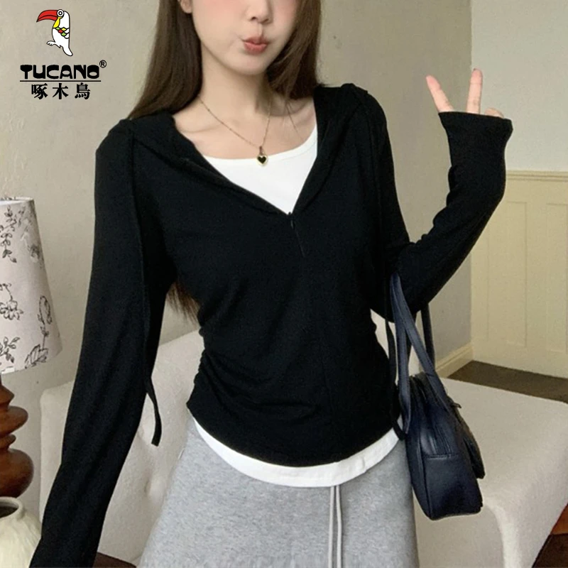 啄木鸟秋冬假两件连帽拉链长袖女修身显瘦T恤时尚百搭上衣可外穿