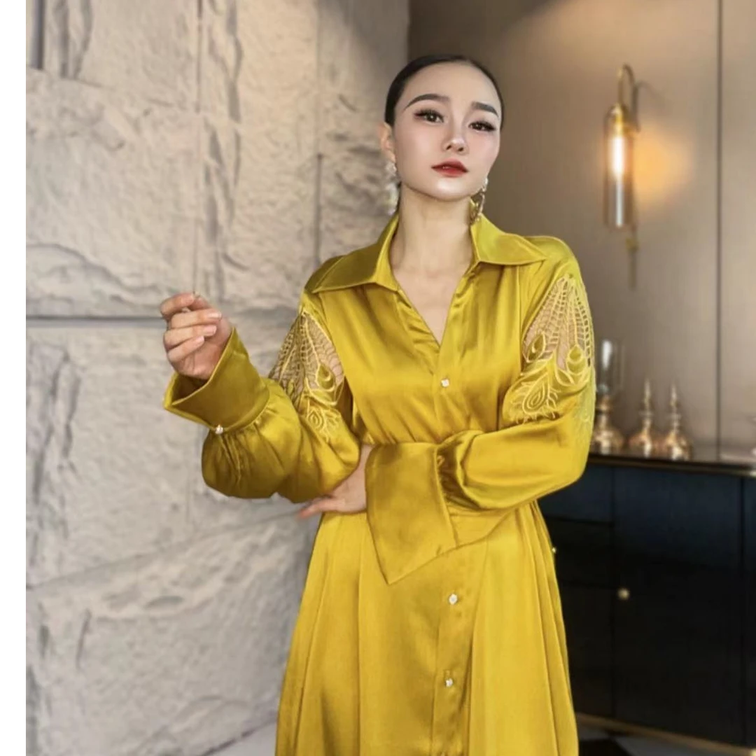 麦子原创轻奢女装 重工刺绣时尚优雅连衣裙黄色系中长款连衣裙45