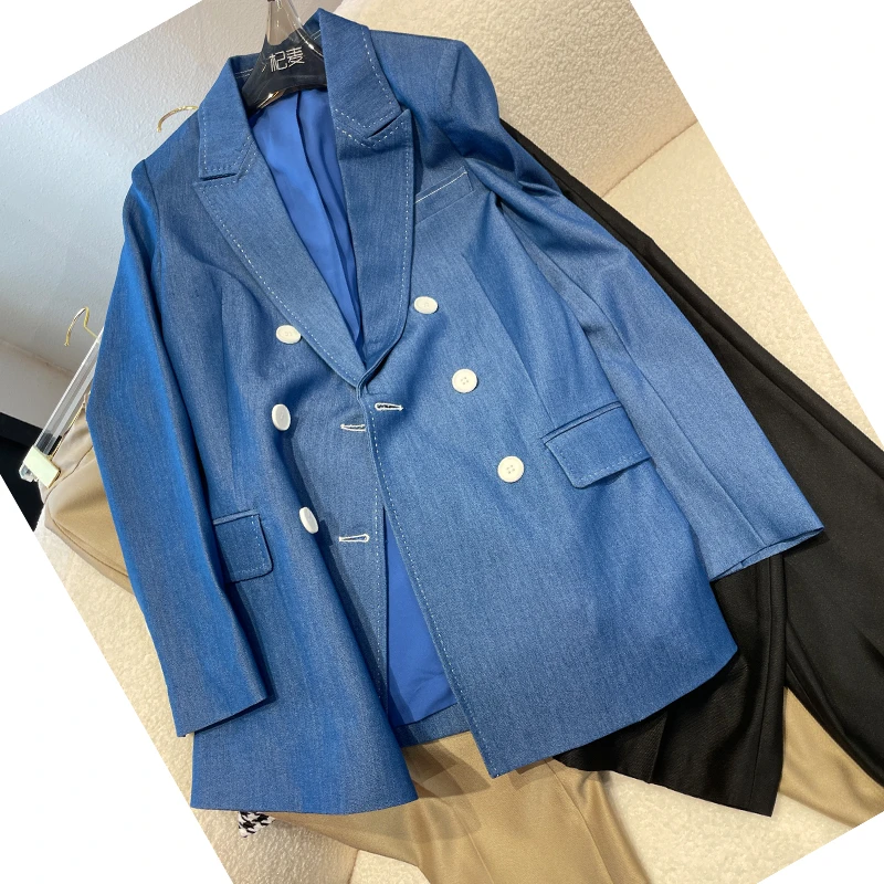 麦子原创设计牛仔外套蓝色时尚百搭双排扣气质秋季设计师宽松显瘦