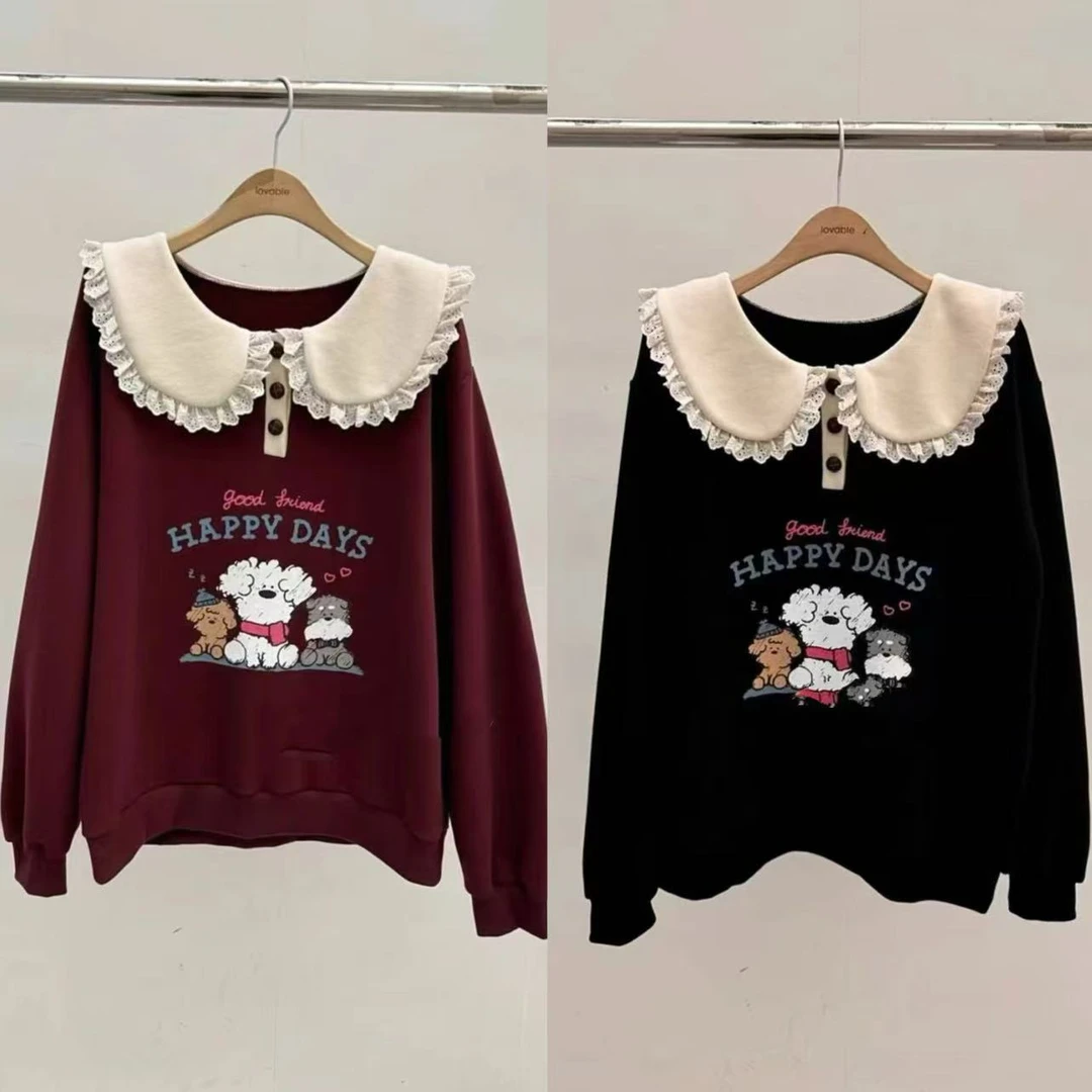 【小曹大码】8366大码冬季新款加绒娃娃领小狗印花卫衣宽松减龄显瘦