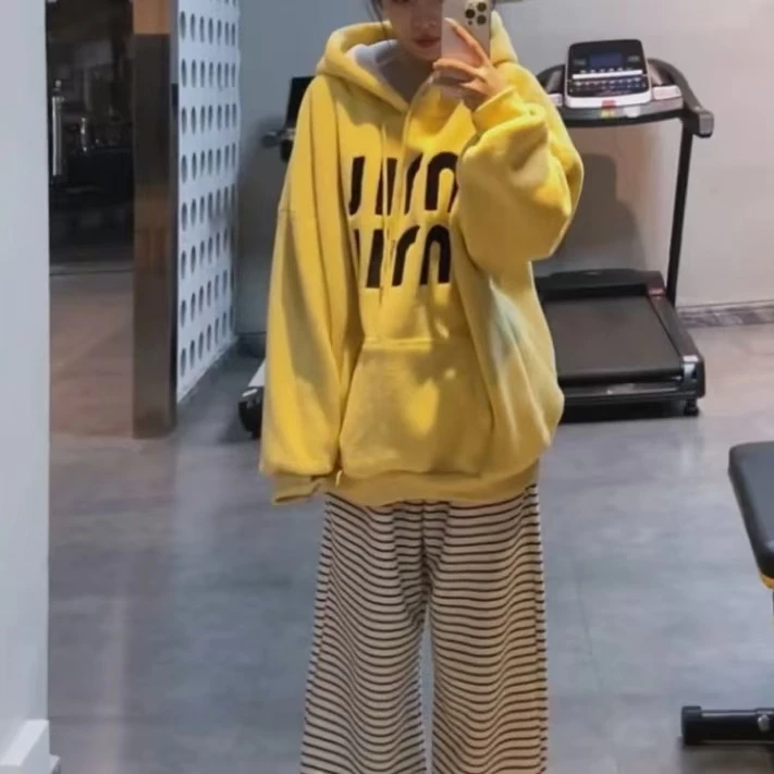 冬季新款网红字母印花慵懒风长袖连帽加厚保暖卫衣减龄宽松