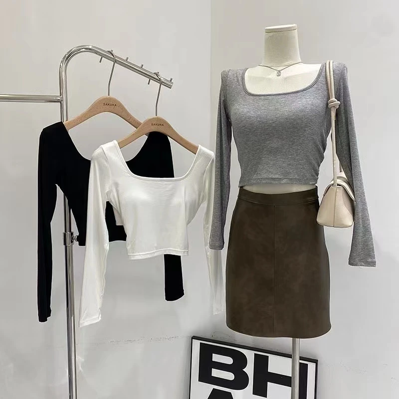 纯色方领带胸垫短款长袖T恤女打底衫上衣203#