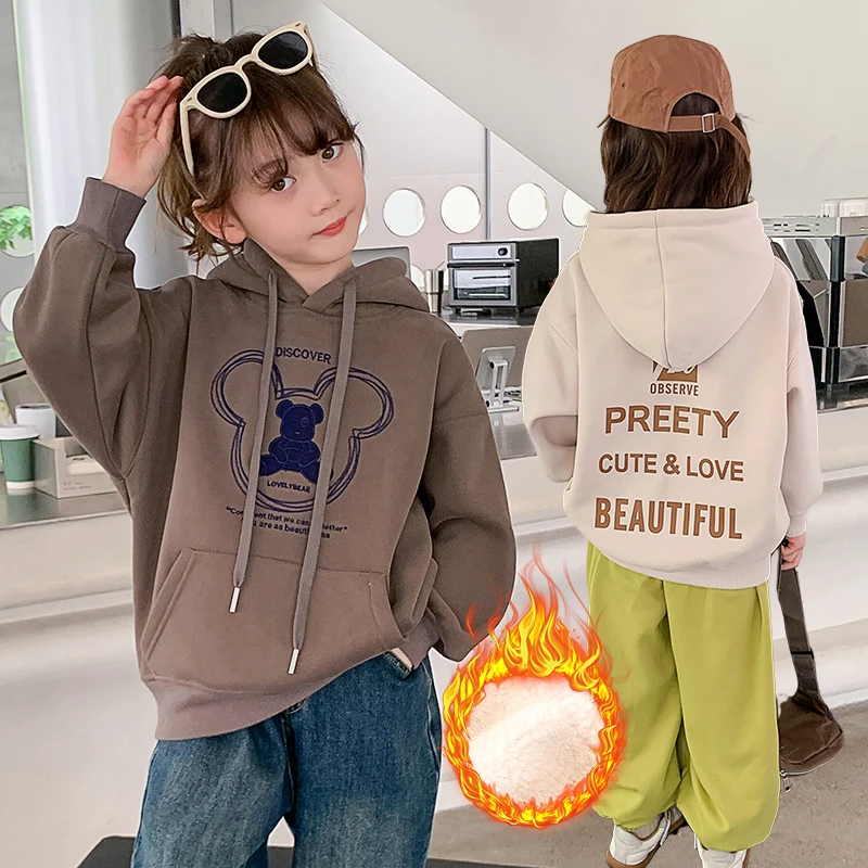 2025秋冬装男女童加厚加绒大卫衣套头连帽衫羊羔保暖中大童宽松