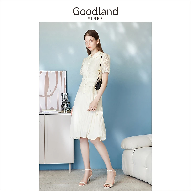 Goodland美地女装夏季法式小香风山茶花提花蕾丝连衣裙