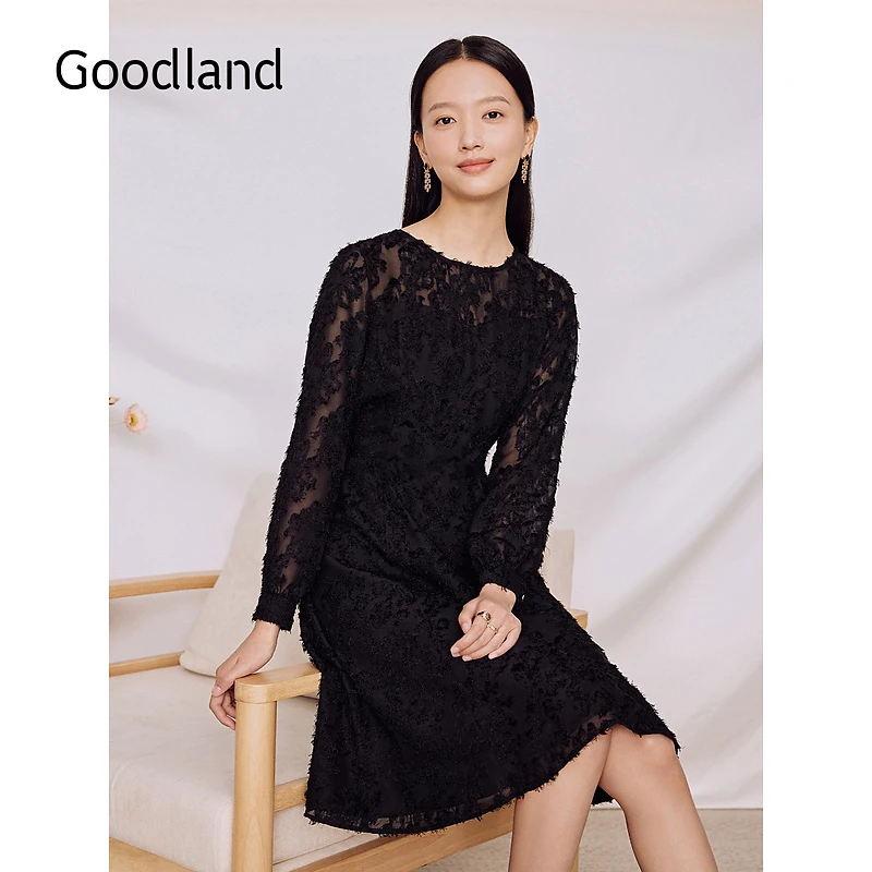 Goodland美地女装秋季肌理流苏提花灯笼袖黑色连衣裙