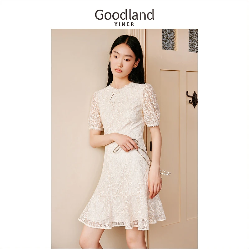 【新中式】Goodland美地女装夏季复古盘扣蕾丝连衣裙